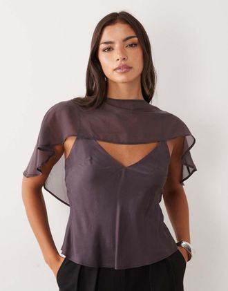Asos top cami in raso con mantella color cioccolato-Marrone