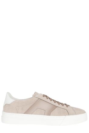 Santoni Beige Gloria Tumbled Leather Rubber Sole Leather Sneakers