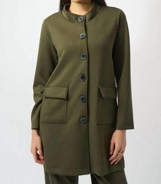 Joseph Ribkoff Stand Collar Faux Pocket Long Sleeve Coat In Khaki