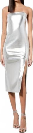 Alice & Olivia Kelly Shiny Vegan Leather Hi Slit Midi Dress In Silver Sapphire