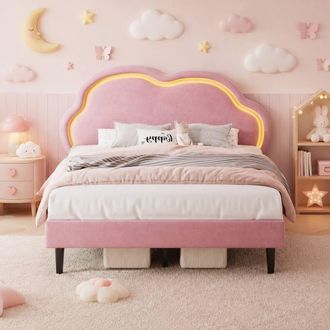 Merax 4ft6 Double Upholstered Bed with LED Adjustable Cloud Headboard in Pink