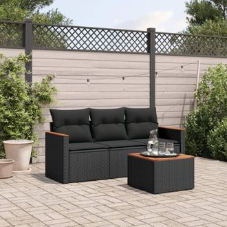 vidaXL Juego De Sof&aacute;s Jard&iacute;n 4 Pzas Con Cojines Rat&aacute;n Sint&eacute;tico Negro Vidaxl
