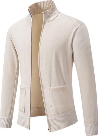 Generic Mens Cardigans with Pockets Knitted Chunky Cardigan with Full Front Zipper Chunky Knitwear Outwear Top Zip Up Knitted Cardigan White
