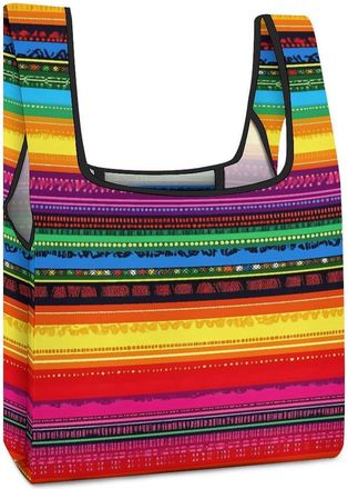 Generic Mexican Serape Colorful Stripes Shopping Bag Reusable Grocery Tote Bag Foldable Handbag for Travel Picnic