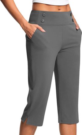 Generic Capri Pants for Women Ladies Cropped Pants High Waist Stretch Bottoms Yoga 3/4 Dress Pant with Pockets Summer Elegant Crop Trouser Office Business Wor