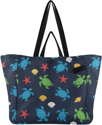 Generic Starfish Sea Turtle Blue print Reusable Canvas Tote Bag, Heavy Duty Grocery Shopping Bag with Large Capacity Double Handles Hard Bottom Work Groceries
