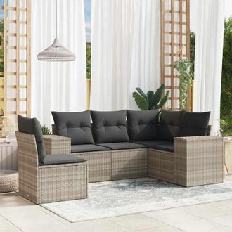 vidaXL Vidaxl - Set De Sof&aacute;s Jard&iacute;n Y Cojines 5 Pzas Rat&aacute;n Sint&eacute;tico Gris Claro