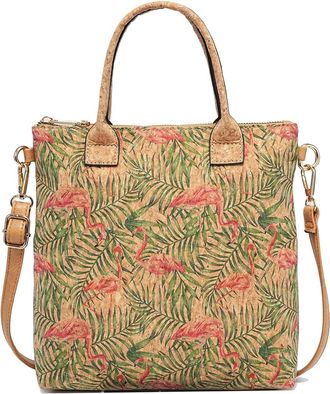Generic Natural Cork Crossbody Bag for Women, Floral Butterfly Print Design, 26 x 25 x 8 cm, Adjustable Shoulder Strap, Zip Closure (Forest Flamingo)