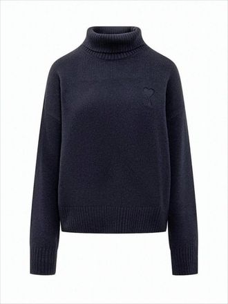 Ami Cropped Turtleneck Sweater With Ribbed Neckline And Heart Detail