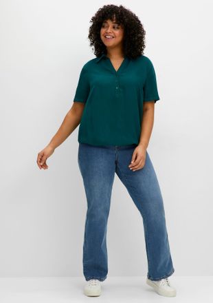 Sheego Longbluse SHEEGO, Damen, Gr. 40, blau (petrol), 89% Viskose, 11% Polyamid, unifarben, V-Ausschnitt, Blusen Longbluse