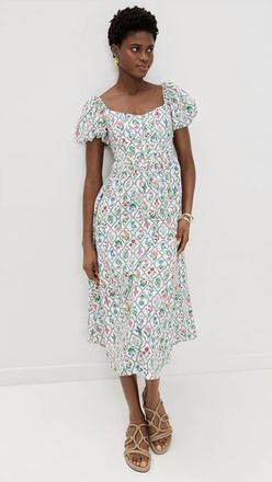 Moon River Puff Sleeve Corset Midi Dress In Ivory Multi