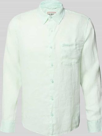 Guess Regular Fit Leinenhemd mit Kentkragen und Brusttasche in Mint, Gr&ouml;&szlig;e XXL