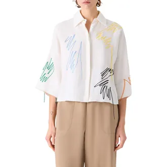 Akris Scribble Embroidered Linen Button-Up Shirt in Cream-Multi at Nordstrom, Size 16