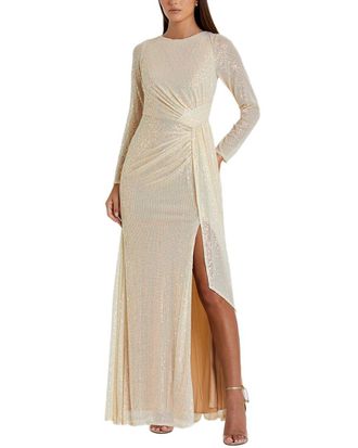 Mac Duggal Sequined Ruched Boat Neck Gown