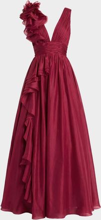 Mac Duggal Plunging V-Neck Ruffled Ball Gown