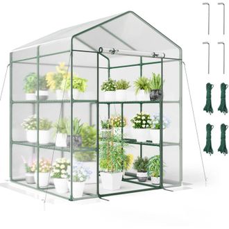 Costway Serra da giardino per esterni con copertura in PVC, serra walk-in con 4 ripiani e 8 ripiani, porta con cerniera a rullo, struttura in metallo, per