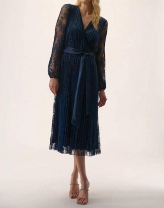 Joseph Ribkoff Sequined Belted Long Lace Sleeve Fit & Flare Dress In Midnight Blue