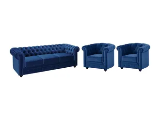 Vente-Unique Divano 3 Posti E 2 Poltrone Chesterfield In Velluto Blu Notte