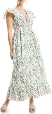 Max Studio Floral Flutter Sleeve Maxi Dress in Cream/coral Leafy Cherry Blossoms at Nordstrom Rack, Size X-Large