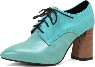 Generic Women Pointed Toe Oxfords Suede Panel Chunky Block Heel Lace Up Ankle Shoes Contrast Laces Non Slip Durable Comfortable Office Casual Dress Shoes,Blue