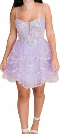 Sherri Hill V Neck Layered Mini Dress In Lilac
