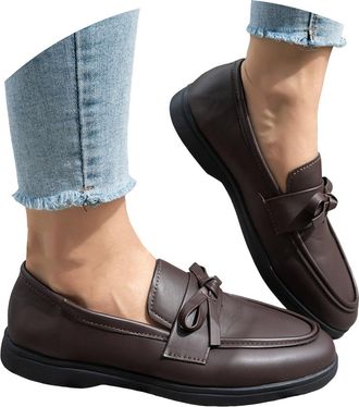 Generic Womens Leather Chunky Heel Bow Loafers Elegant Round Toe Platform Non Slip Casual Dress Shoes for Business Work Everyday Wear (C, 6.5)