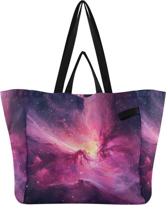 Generic Purple Space Stars print Reusable Canvas Tote Bag, Heavy Duty Grocery Shopping Bag with Large Capacity Double Handles Hard Bottom Work Groceries Trave