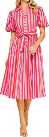 Pinch Design Striped Balloon Sleeve Midi Dress In Strawberry Sangria