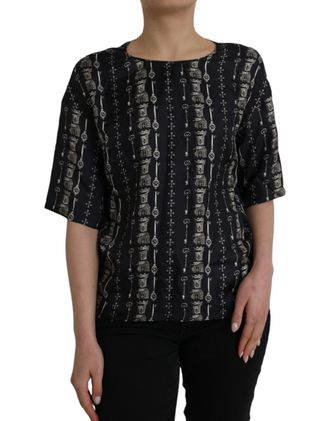 Dolce & Gabbana Womens Black Key Castle Print Silk Blouse T-Shirt