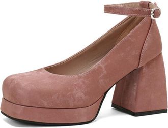 Generic Womens Suede Platform Pumps Adjustable Ankle Strap Round Toe Chunky Block Heel Non Slip Durable Comfortable Fashion Party Daily Shoes,Pink,3.5 UK