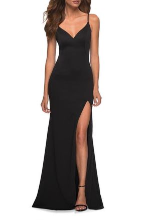 La Femme Simple Jersey Gown with V Neckline and Slit in Black at Nordstrom, Size 16