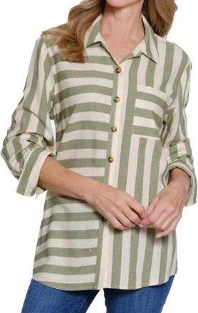 Multiples Stripe Button Front Turn Up Cuff Hi-Low Shirt In Moss Green
