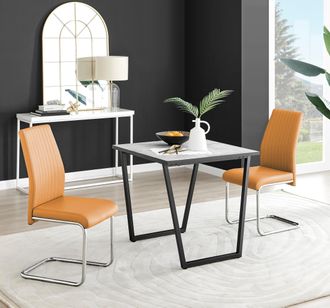Furniturebox Carson White Marble Effect Square Dining Table & 2 Faux Leather Lorenzo Chairs in Mustard
