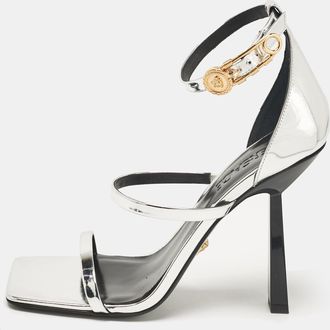 Versace Silver Leather Safety Pin Ankle Strap Sandals