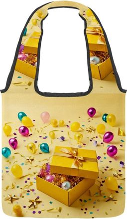 Generic Yellow Gift Pattern Reversible Canvas Shoulder Tote - Double-Sided Print, 12oz Cotton, 27cm Drop, Fold-Flat Bag for Travel, Shopping, Street Outings