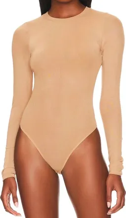 Blanc Becky Long Sleeve Mesh Bodysuit In Tan