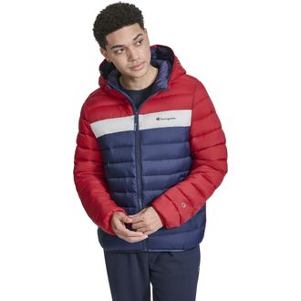 Champion Mens Performance Lightweight Puffer Jacket with Hood, Midnight/Ice/Red, L