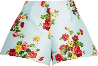 Brandon Maxwell The Cricket Floral Wool & Silk Faille Bell Shorts in Bright Blue Floral at Nordstrom, Size 2