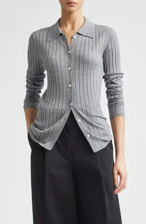 Toteme Slim Fit Cashmere & Silk Rib Cardigan in Grey Melange at Nordstrom, Size X-Small