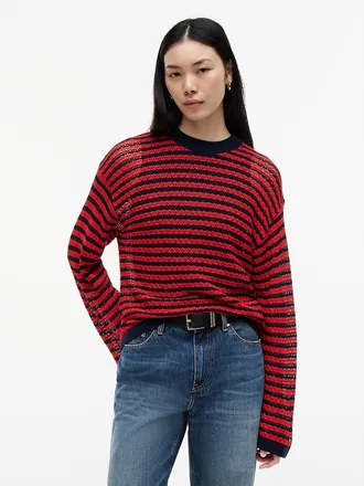 Tommy Hilfiger Womens Relaxed Striped Pointelle Sweater - Navy Blue / Fire Red - XS