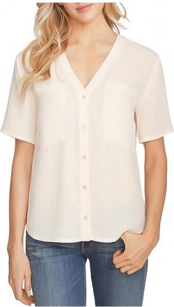 1.State Chiffon Short Sleeves V Neck Button Down Shirt In Peach