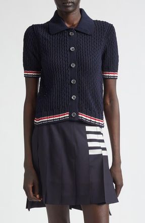Thom Browne Hector Icon Pointelle Stitch Crop Cardigan in Navy at Nordstrom, Size 10 Us