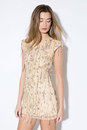 Misspap Womens Premium Embellished Beaded Mini Dress - Nude - Size 16 UK