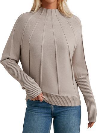 Grace Karin Ladies Elegant High Neck Winter Jumper Long Raglan Sleeve Knitted Pullover Sweater Beige L