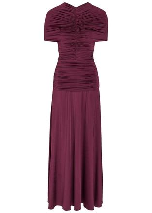 Self Portrait Gathered Stretch-jersey Midi Dress - Burgundy - 12 (UK12 / M)
