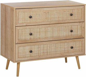 Beliani Credenza Moderna a 3 Cassetti con Fronte in Vimini 90 x 79 cm legno Chiaro Ponca