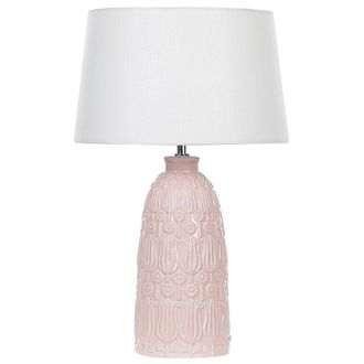 Beliani L&aacute;mpara De Mesa Base De Cer&aacute;mica Rosa Pantalla De Tela Blanca 56 Cm Boho R&uacute;stico Zarima