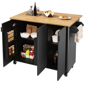 STILVORA Isola Da Cucina Con 3 Ante, Ripiani Regolabili, Portasciugamani E Portaspezie, Con Ruote, In Mdf, 130&times;45&times;92 Cm, Nero