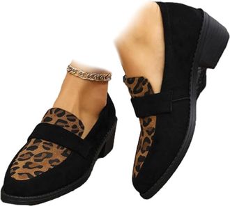 Generic Womens Leopard-Print Suede Block-Heel Loafers Leopard Print Loafers Chunky Shoes for Women Platform Slip On Casual Office Business Shoes (1PCS/A,4.5)