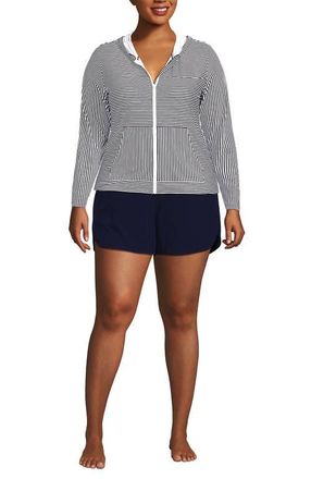 Lands End SunShade UPF 50 Long Sleeve Hooded Full Zip Rash Guard in Deep Sea Navy Mini Stripe at Nordstrom, Size 3X